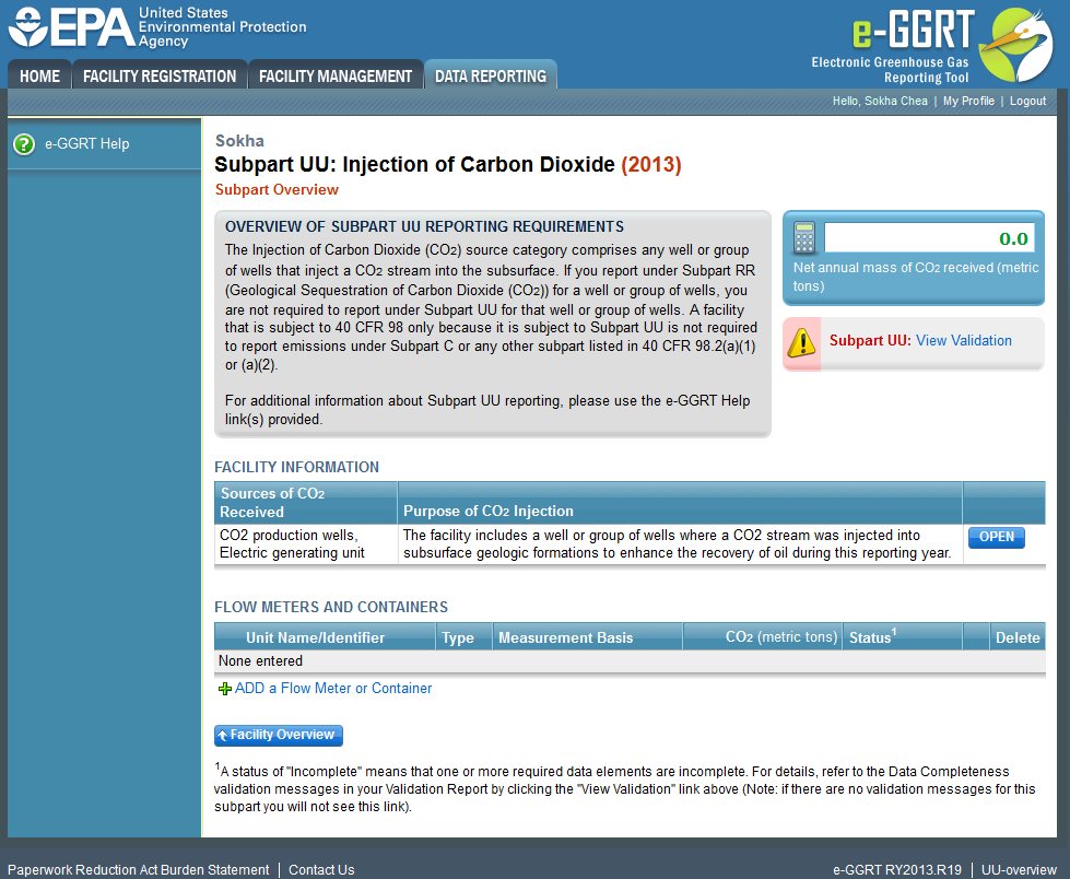 Subpart UU: Adding or Updating Sources of CO2 Received for this facility - Clicking the SAVE button returns to the Overview page